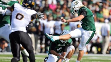 Oct 24, 2015; Charlotte, NC, USA; Charlotte 49ers place kicker Blake Brewer (86) kicks a field goal attempt during the second half at Jerry Richardson Stadium. Southern Miss wins 44-10 over Charlotte. Mandatory Credit: Jim Dedmon-USA TODAY Sports