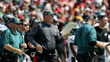 LANDOVER, MD - SEPTEMBER 10: Head coach Doug Pederson of the Philadelphia Eagles looks on against the Washington Redskins in the first half at FedExField on September 10, 2017 in Landover, Maryland. (Photo by Rob Carr/Getty Images)