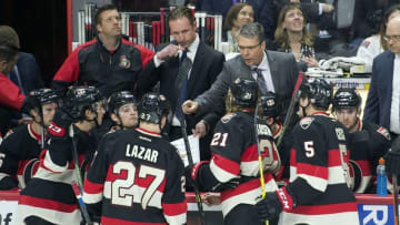 Apr 7, 2016; Ottawa, Ontario, CAN; Ottawa Senators head coach Dave Cameron speaks with his players leading into the last minute of play in the third period against the Florida Panthers at the Canadian Tire Centre. The Senators defeated the Panthers 3-1. Mandatory Credit: Marc DesRosiers-USA TODAY Sports