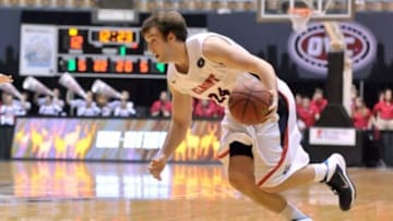 Mar 7, 2014; Nashville, TN, USA; Belmont Bruins guard/forward J.J. Mann (24) controls the ball against the Morehead State Eagles during the first half in the semifinals of the Ohio Valley Conference basketball tournament at Nashville Memorial Auditorium. Mandatory Credit: Jim Brown-USA TODAY Sports