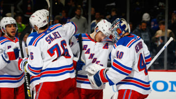 NEW YORK, NY - JANUARY 12: The Rangers celebrate a win at Barclays Center on January 12, 2019 the Brooklyn borough of New York City. (Photo by Mike Stobe/NHLI via Getty Images)