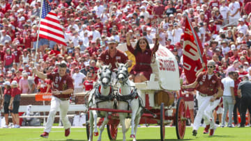 Sep 3, 2022; Norman, Oklahoma, USA; Oklahoma Sooners sooner schooner before the game against the UTEP Miners at Gaylord Family-Oklahoma Memorial Stadium. Mandatory Credit: Kevin Jairaj-USA TODAY Sports