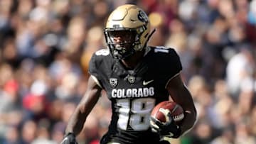 BOULDER, COLORADO - OCTOBER 05: Tony Brown #18 of the Colorado Buffaloes carries the ball after catching a pass against the Arizona Wildcats in the first quarter at Folsom Field on October 05, 2019 in Boulder, Colorado. (Photo by Matthew Stockman/Getty Images)