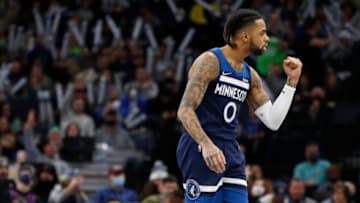 Minnesota Timberwolves guard D'Angelo Russell celebrates during the win over the Minnesota Timberwolves. Mandatory Credit: Bruce Kluckhohn-USA TODAY Sports