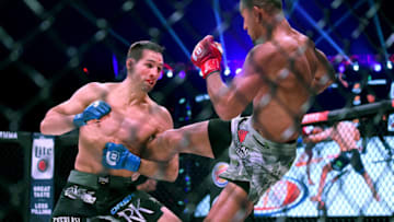 INGLEWOOD, CA - JANUARY 20: Rory MacDonald (blue gloves) and Douglas Lima (red gloves) in their Welterweight World Title fight at Bellator 192 at The Forum on January 20, 2018 in Inglewood, California. MacDonald won by decision. (Photo by Jayne Kamin-Oncea/Getty Images)
