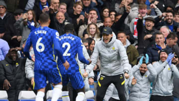 Antonio Rudiger of Chelsea celebrates with Thomas Tuchel, Manager of Chelsea after scoring during the Premier League match against Brentford at Stamford Bridge. (Photo by Harriet Lander/Copa/Getty Images)