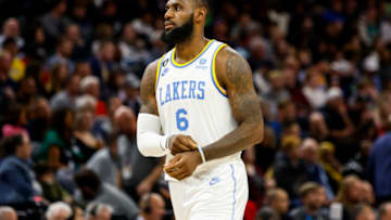 MINNEAPOLIS, MN - OCTOBER 28: LeBron James #6 of the Los Angeles Lakers looks on against the Minnesota Timberwolves in the third quarter of the game at Target Center on October 28, 2022 in Minneapolis, Minnesota. The Timberwolves defeated the Lakers 111-102. NOTE TO USER: User expressly acknowledges and agrees that, by downloading and or using this Photograph, user is consenting to the terms and conditions of the Getty Images License Agreement. (Photo by David Berding/Getty Images)
