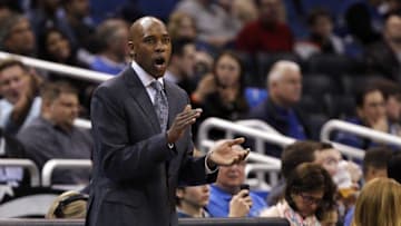 Jan 16, 2015; Orlando, FL, USA; Orlando Magic head coach Jacque Vaughn reacts against the Memphis Grizzlies during the second half at Amway Center. Memphis Grizzlies defeated the Orlando Magic 106-96. Mandatory Credit: Kim Klement-USA TODAY Sports