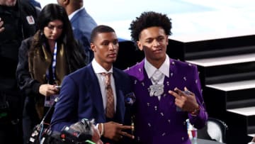 NEW YORK, NEW YORK - JUNE 23: Jabari Smith Jr. and Paolo Banchero pose for photos during the 2022 NBA Draft at Barclays Center on June 23, 2022 in New York City. NOTE TO USER: User expressly acknowledges and agrees that, by downloading and or using this photograph, User is consenting to the terms and conditions of the Getty Images License Agreement. (Photo by Arturo Holmes/Getty Images)