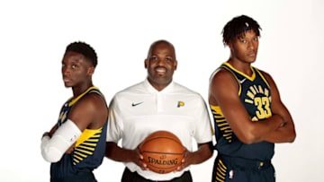 INDIANAPOLIS - SEPTEMBER 24: Victor Oladipo #4, Nate McMillan, and Myles Turner #33 of the Indiana Pacers pose for a head shot during the Pacers Media Day on September 24, 2018 in Indianapolis, Indiana. NOTE TO USER: User expressly acknowledges and agrees that, by downloading and or using this Photograph, user is consenting to the terms and condition of the Getty Images License Agreement. Mandatory Copyright Notice: 2018 NBAE (Photo by Ron Hoskins/NBAE via Getty Images)