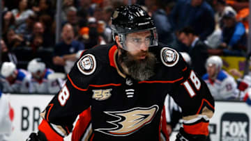 ANAHEIM, CA - NOVEMBER 1: Patrick Eaves #18 of the Anaheim Ducks lines up for a face-off during the game against the New York Rangers on November 1, 2018 at Honda Center in Anaheim, California. (Photo by Debora Robinson/NHLI via Getty Images)