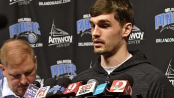 ORLANDO, FL - APRIL 12: Mario Hezonja #8 of the Orlando Magic talks to the media during a press conference on April 12, 2018 at Amway Center in Orlando, Florida. NOTE TO USER: User expressly acknowledges and agrees that, by downloading and or using this photograph, User is consenting to the terms and conditions of the Getty Images License Agreement. Mandatory Copyright Notice: Copyright 2018 NBAE (Photo by Fernando Medina/NBAE via Getty Images)