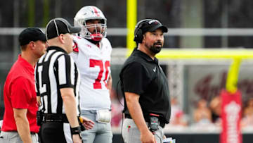 Sep 2, 2023; Bloomington, Indiana, USA; Ohio State Buckeyes head coach Ryan Day watches a replay during the first half of the NCAA football game at Indiana University Memorial Stadium.