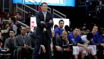 Dec 31, 2016; Houston, TX, USA; New York Knicks head coach Jeff Hornacek observes action from the sideline against the Houston Rockets during the third quarter at Toyota Center. Mandatory Credit: Erik Williams-USA TODAY Sports