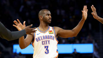 Chris Paul #3 of the OKC Thunder is congratulated by Nerlens Noel #9 and Terrance Ferguson #23 after they beat the Golden State Warriors (Photo by Ezra Shaw/Getty Images)