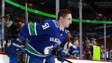 VANCOUVER, BC - JANUARY 23: Troy Stecher #51 of the Vancouver Canucks steps onto the ice during their NHL game against the Carolina Hurricanes at Rogers Arena January 23, 2019 in Vancouver, British Columbia, Canada. (Photo by Jeff Vinnick/NHLI via Getty Images)"n