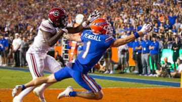 Florida Gators wide receiver Ricky Pearsall (1) tries to pull in a touchdown reception in the second half while being defended by South Carolina Gamecocks defensive back DQ Smith (27). Florida hosted the South Carolina Gamecocks in the last home game of the season at Ben Hill Griffin Stadium in Gainesville, Florida, on Saturday, November 12, 2022. The Gators won 38-6. [Doug Engle/Gainesville Sun]Ncaa Football Florida Gators Vs South Carolina Gamecocks