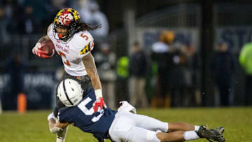 STATE COLLEGE, PA - NOVEMBER 24: Tariq Castro-Fields #5 of the Penn State Nittany Lions tackles Anthony McFarland #5 of the Maryland Terrapins during the first half at Beaver Stadium on November 24, 2018 in State College, Pennsylvania. (Photo by Scott Taetsch/Getty Images)