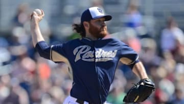 Mar 10, 2015; Peoria, AZ, USA; San Diego Padres starting pitcher Ian Kennedy (22) pitches against the San Francisco Giants at Peoria Sports Complex. Mandatory Credit: Joe Camporeale-USA TODAY Sports
