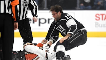 LOS ANGELES, CA - JANUARY 13: Los Angeles Kings Winger Andy Andreoff (15) fights with Anaheim Ducks Defenceman Kevin Bieksa (3) and pulls him to the ice during an NHL game between the Anaheim Ducks and the Los Angeles Kings on January 13, 2018 at STAPLES Center in Los Angeles, CA. (Photo by Chris Williams/Icon Sportswire via Getty Images)