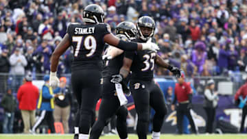 BALTIMORE, MD - NOVEMBER 18: Running Back Gus Edwards #35 of the Baltimore Ravens celebrates with offensive tackle Ronnie Stanley #79 after scoring a two point conversion in the third quarter against the Cincinnati Bengals at M&T Bank Stadium on November 18, 2018 in Baltimore, Maryland. (Photo by Rob Carr/Getty Images)
