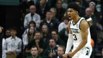 MSU's Jaden Akins reacts after a three-point play against Buffalo Friday, Dec. 30, 2022, during the second half at the Breslin Center in East Lansing. MSU won 89-68.Img 4923