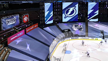 TORONTO, ONTARIO - AUGUST 26: The Tampa Bay Lightning take the ice for warm-ups prior to Game Three of the Eastern Conference Second Round against the Boston Bruins during the 2020 NHL Stanley Cup Playoffs at Scotiabank Arena on August 26, 2020 in Toronto, Ontario. (Photo by Elsa/Getty Images)