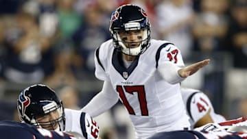 Sep 22, 2016; Foxborough, MA, USA; Houston Texans quarterback Brock Osweiler (17) adjusts the offense during the first quarter against the New England Patriots at Gillette Stadium. Mandatory Credit: Greg M. Cooper-USA TODAY Sports