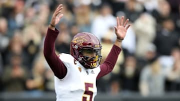 BOULDER, CO - OCTOBER 06: Quarterback Manny Wilkins #5 of the Arizona State Sun Devils celebrates a touchdown in the first quarter against the Colorado Buffaloes at Folsom Field on October 6, 2018 in Boulder, Colorado. (Photo by Matthew Stockman/Getty Images)