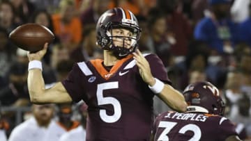 BLACKSBURG, VA - OCTOBER 6: Quarterback Ryan Willis #5 of the Virginia Tech Hokies throws against the Notre Dame Fighting Irish in the first half at Lane Stadium on October 6, 2018 in Blacksburg, Virginia. (Photo by Michael Shroyer/Getty Images)