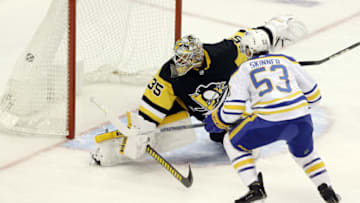 May 6, 2021; Pittsburgh, Pennsylvania, USA; Buffalo Sabres left wing Jeff Skinner (53) scores a power play goal against Pittsburgh Penguins goaltender Tristan Jarry (35) during the third period at PPG Paints Arena. Mandatory Credit: Charles LeClaire-USA TODAY Sports