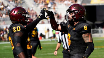 Oct 30, 2021; Tempe, Arizona, USA; Arizona State Sun Devils linebacker Merlin Robertson (8) reacts after intercepting a pass intended for Washington State Cougars running back Max Borghi in the first half at Sun Devil Stadium. Mandatory Credit: Rob Schumacher-Arizona RepublicNcaa Football Washington State At Arizona State