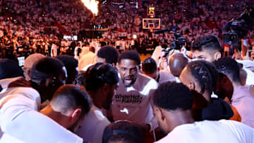 Udonis Haslem #40 of the Miami Heat huddles with the team prior to Game Five of the Eastern Conference First Round against the Atlanta Hawks(Photo by Michael Reaves/Getty Images)
