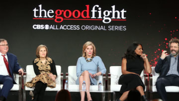 PASADENA, CALIFORNIA - JANUARY 30: (L-R) Robert King, Michelle King, Christine Baranski, Audra McDonald, and Michael Sheen of the television show "The Good Fight" speak during the CBS segment of the 2019 Winter Television Critics Association Press Tour at The Langham Huntington, Pasadena on January 30, 2019 in Pasadena, California. (Photo by Frederick M. Brown/Getty Images)