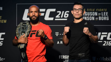 LAS VEGAS, NV - OCTOBER 04: (L-R) UFC flyweight champion Demetrious Johnson and Ray Borg pose for the media during the UFC 216 Ultimate Media Day on October 4, 2017 in Las Vegas, Nevada. (Photo by Brandon Magnus/Zuffa LLC/Zuffa LLC via Getty Images)