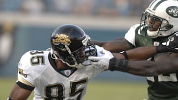 Jacksonville Jaguars wide receiver Cortez Hankton grabs a pass against the New York Jets Oct. 8, 2006 in Jacksonville. The Jaguars won 41 - 0. (Photo by Al Messerschmidt/Getty Images)