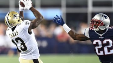 Aug 11, 2016; Foxborough, MA, USA; New Orleans Saints wide receiver Michael Thomas (13) catches the ball past New England Patriots cornerback Justin Coleman (22) during the first half at Gillette Stadium. Mandatory Credit: Bob DeChiara-USA TODAY Sports