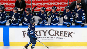 EDMONTON, ALBERTA - JULY 29: Nikolaj Ehlers #27 of the Winnipeg Jets celebrates scoring a second period goal against the Vancouver Canucks in an exhibition game prior to the 2020 NHL Stanley Cup Playoffs at Rogers Place on July 29, 2020 in Edmonton, Alberta. (Photo by Jeff Vinnick/Getty Images)