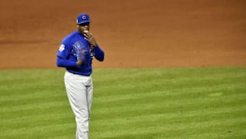 Nov 2, 2016; Cleveland, OH, USA; Chicago Cubs relief pitcher Aroldis Chapman reacts in the 8th inning against the Cleveland Indians in game seven of the 2016 World Series at Progressive Field. Mandatory Credit: David Richard-USA TODAY Sports