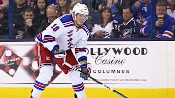 Apr 4, 2016; Columbus, OH, USA; New York Rangers center J.T. Miller (10) against the Columbus Blue Jackets at Nationwide Arena. The Rangers won 4-2. Mandatory Credit: Aaron Doster-USA TODAY Sports