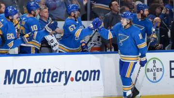 ST. LOUIS, MO - MARCH 23: Robert Thomas #18 of the St. Louis Blues is congratulated by teammates after scoring a goal against the Tampa Bay Lightning at Enterprise Center on March 23, 2019 in St. Louis, Missouri. (Photo by Joe Puetz/NHLI via Getty Images)