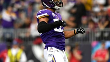 MINNEAPOLIS, MN - OCTOBER 14: Anthony Barr #55 of the Minnesota Vikings celebrates after tackling David Johnson #31 of the Arizona Cardinals in the third quarter of the game at U.S. Bank Stadium on October 14, 2018 in Minneapolis, Minnesota. (Photo by Hannah Foslien/Getty Images)