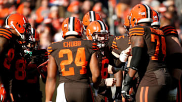 CLEVELAND, OH - DECEMBER 22: Baker Mayfield #6 of the Cleveland Browns calls a play in the huddle during the game against the Baltimore Ravens at FirstEnergy Stadium on December 22, 2019 in Cleveland, Ohio. Baltimore defeated Cleveland 31-15. (Photo by Kirk Irwin/Getty Images)