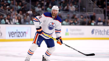 SEATTLE, WASHINGTON - MARCH 18: Mattias Ekholm #14 of the Edmonton Oilers skates against the Seattle Kraken during the third period at Climate Pledge Arena on March 18, 2023 in Seattle, Washington. (Photo by Steph Chambers/Getty Images)
