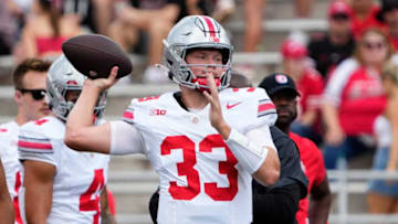 Sep 2, 2023; Bloomington, Indiana, USA; quarterback Devin Brown (33) warms up prior to the NCAA football game at Indiana University Memorial Stadium. Ohio State won 23-3.