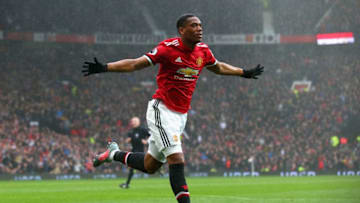 MANCHESTER, UNITED KINGDOM - OCTOBER 28: Anthony Martial of Manchester United celebrates scoring his sides first goal during the Premier League match between Manchester United and Tottenham Hotspur at Old Trafford on October 28, 2017 in Manchester, England. (Photo by Alex Livesey/Getty Images)