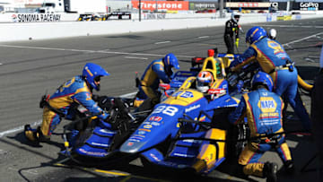 SONOMA, CA - SEPTEMBER 17: Alexander Rossi, driver of the #98 NAPA Auto Parts Honda, pits during the Verizon IndyCar Series GoPro Grand Prix of Sonoma at Sonoma Raceway on September 17, 2017 in Sonoma, California. (Photo by Robert Reiners/Getty Images)