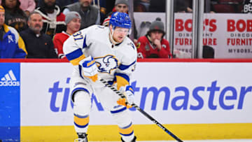 Jan 17, 2023; Chicago, Illinois, USA; Buffalo Sabres forward Casey Mittelstadt (37) skates against the Chicago Blackhawks at United Center. Mandatory Credit: Jamie Sabau-USA TODAY Sports