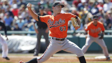 Mar 1, 2016; Lake Buena Vista, FL, USA; Baltimore Orioles relief pitcher Tyler Wilson (63) throws a pitch during the third inning of a spring training baseball game against the Atlanta Braves at Champion Stadium. Mandatory Credit: Reinhold Matay-USA TODAY Sports