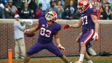 Nov 23, 2013; Clemson, SC, USA; Clemson Tigers wide receiver Daniel Rodriguez (83) celebrates after scoring a touchdown during the fourth quarter against the Citadel Bulldogs at Clemson Memorial Stadium. Tigers won 52-6. Mandatory Credit: Joshua S. Kelly-USA TODAY Sports